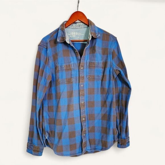 GAP 1969 Blue Checkered Plaid Relaxed Fit Thick Cotton Button Down Chore Shirt L - Picture 1 of 8